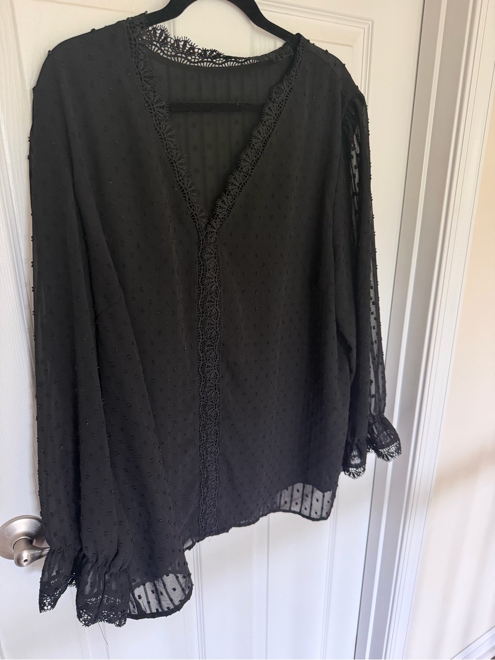 Black Lace Trim V-Neck Women's Blouse